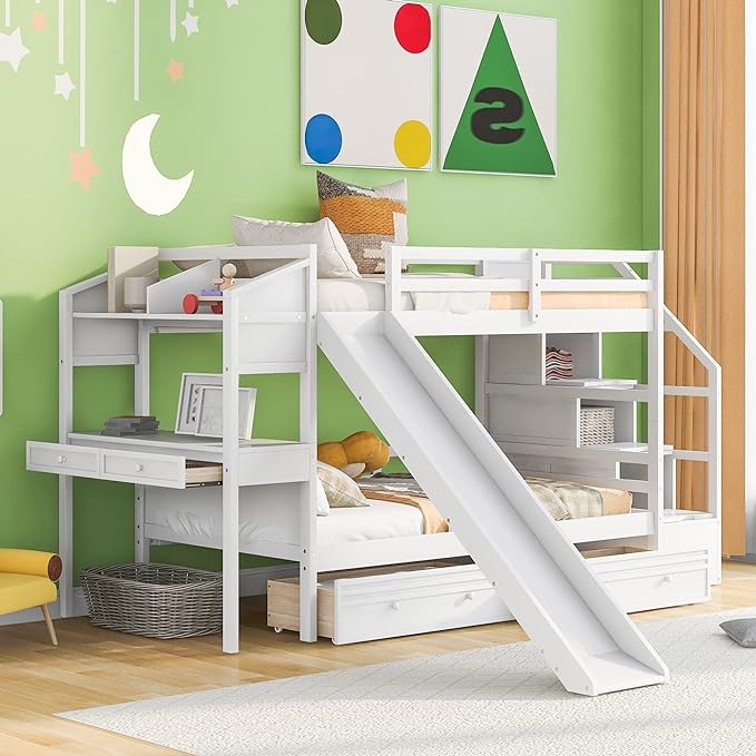 Wooden Bunk Bed with Desk, Twin Over Twin Bed Frame