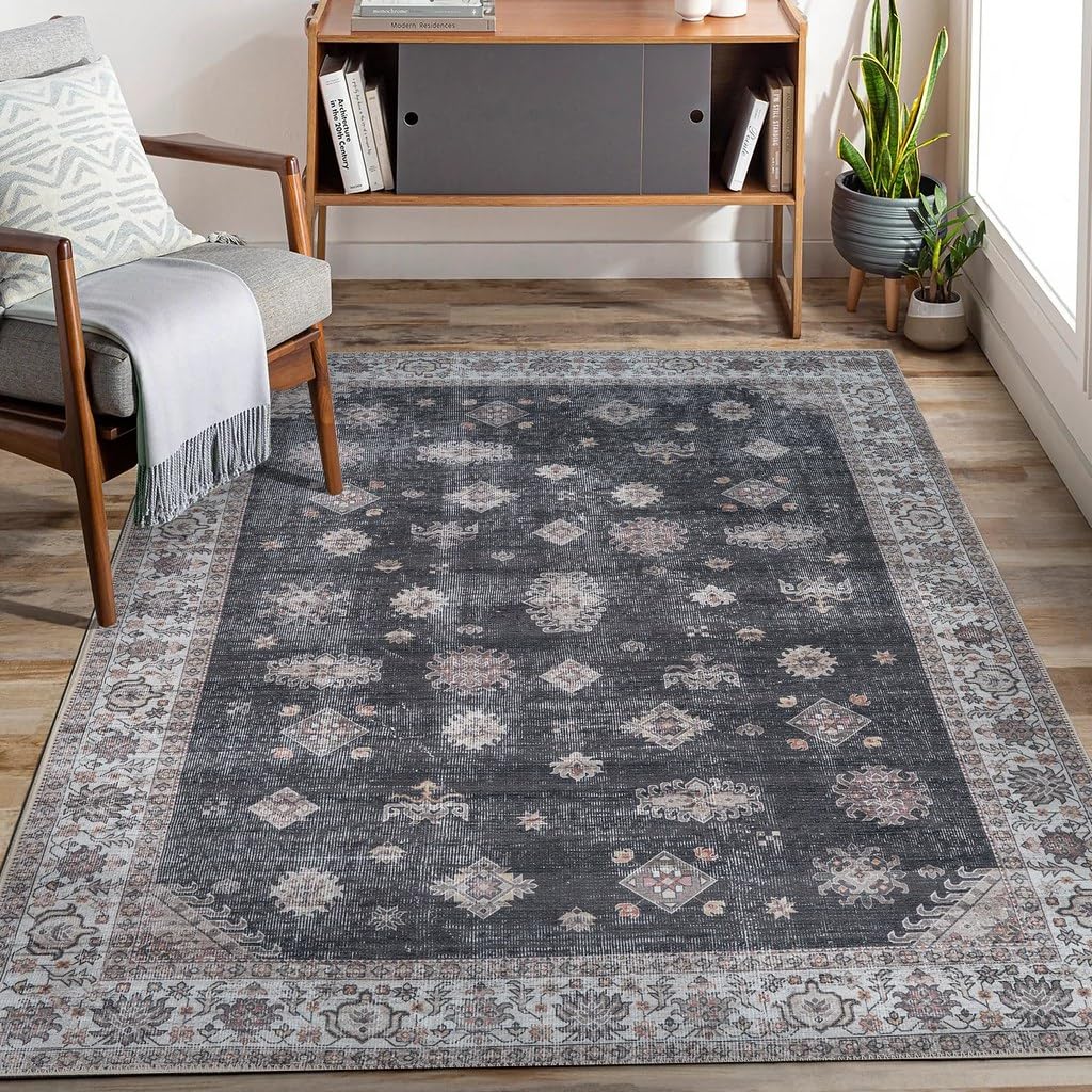 Machine Washable 8x10 Area Rug with Non Slip Backing for Living Room, Bedroom,