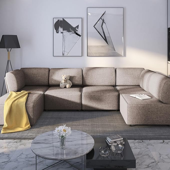 U-Shaped Modular Sectional Sofa with Chaise, Modular Sectional U Shaped Couch with Reversible Ottoman, Linen 6 Seat Convertible Sofa for Living Room