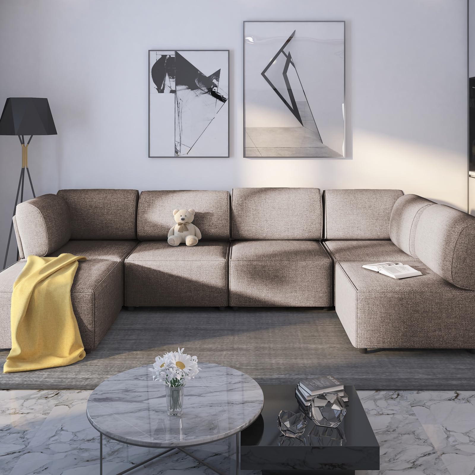 U-Shaped Modular Sectional Sofa with Chaise, Modular Sectional U Shaped Couch with Reversible Ottoman, Linen 6 Seat Convertible Sofa for Living Room