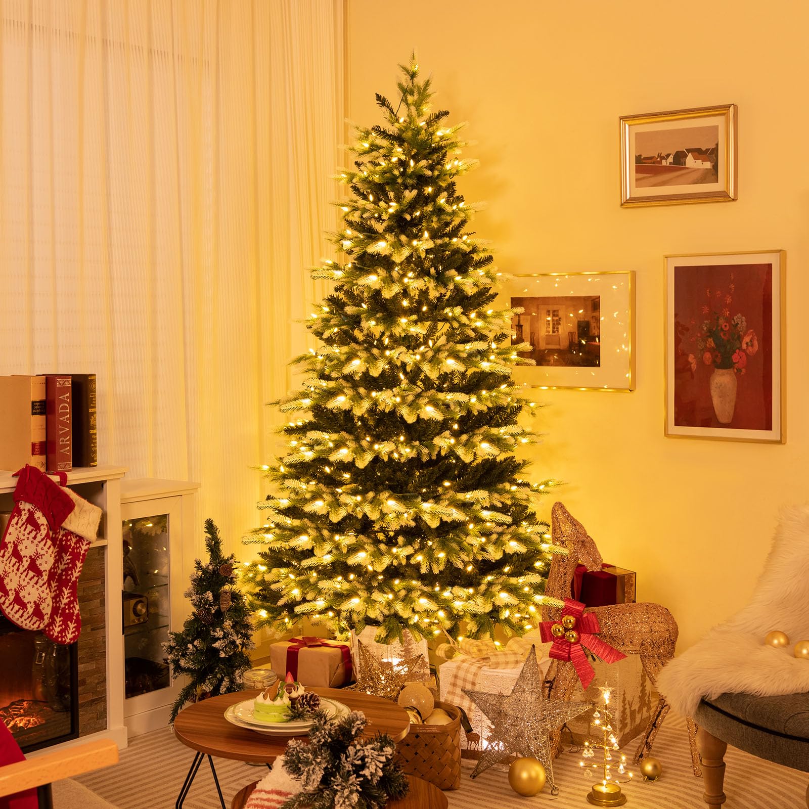 7ft Pre-Lit Artificial Christmas Tree with Quick Power Connector, Hinged Remote