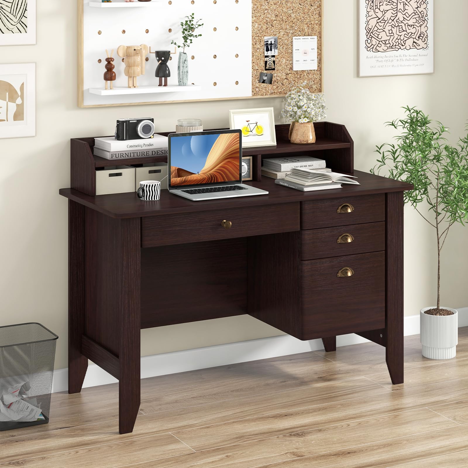 Computer Desk with 4 Storage Drawers & Hutch, Home Office Desk Vintage Desk
