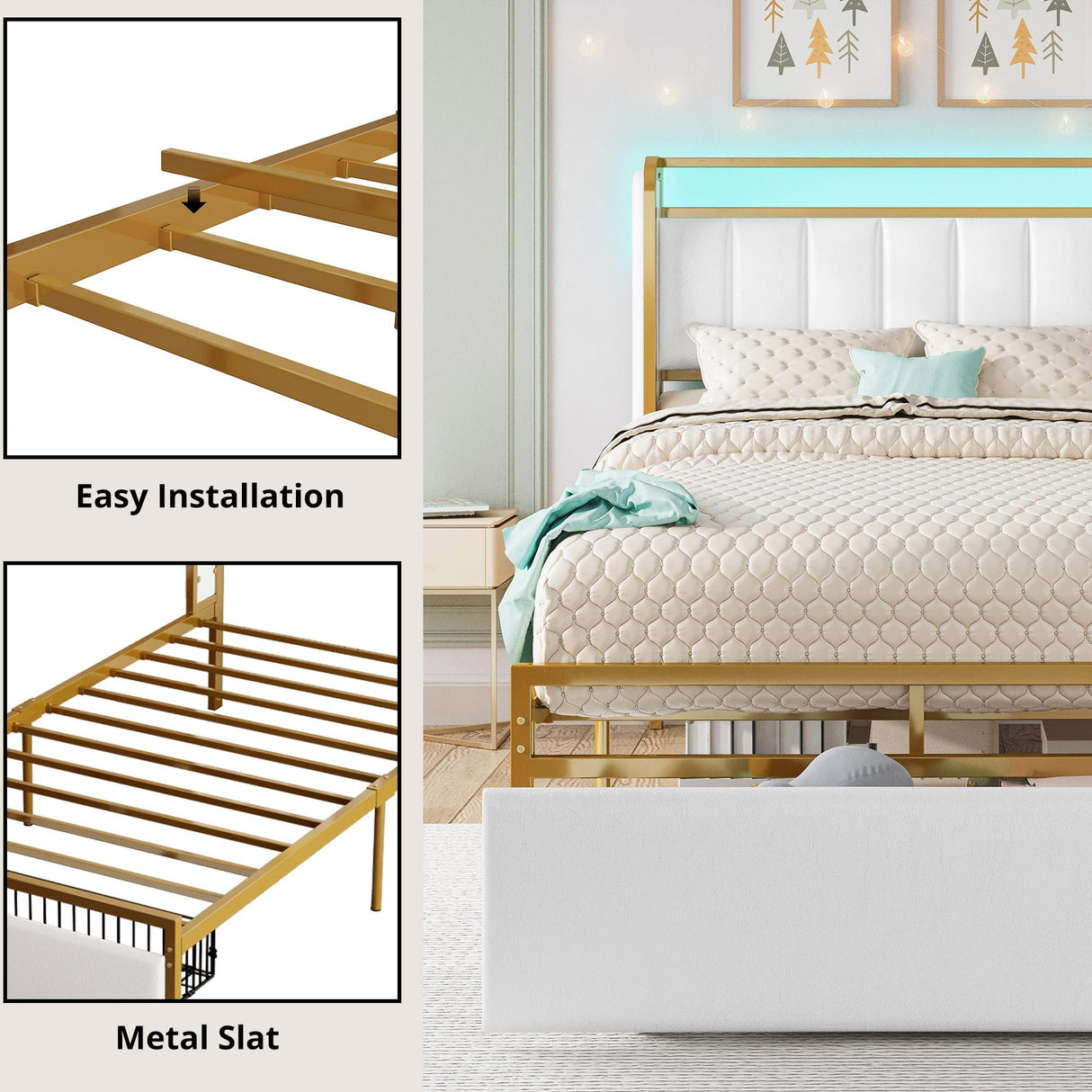 Twin Size Bed Frame with Armrests Headboard & RGB Light, Upholstered Twin Size