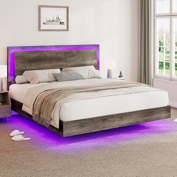 King Size Floating Platform Bed Frame with LED Light and Headboard