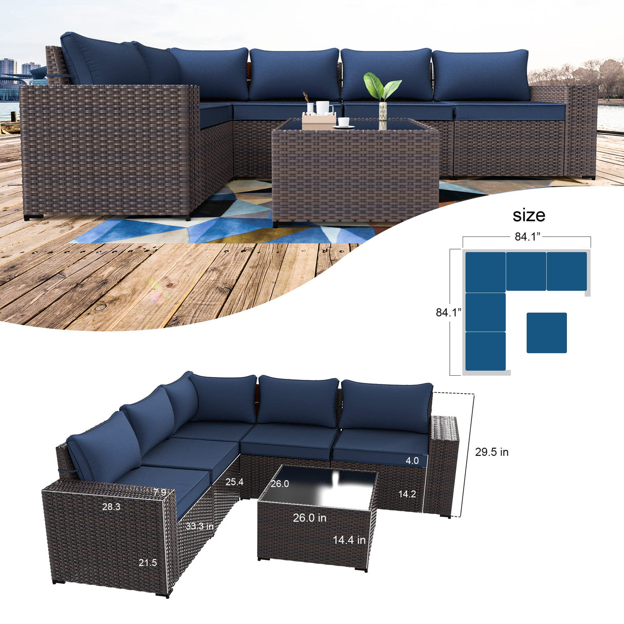 Outdoor Patio Furniture Set 6 Pieces Sectional Rattan Sofa Set Brown PE Rattan Wicker