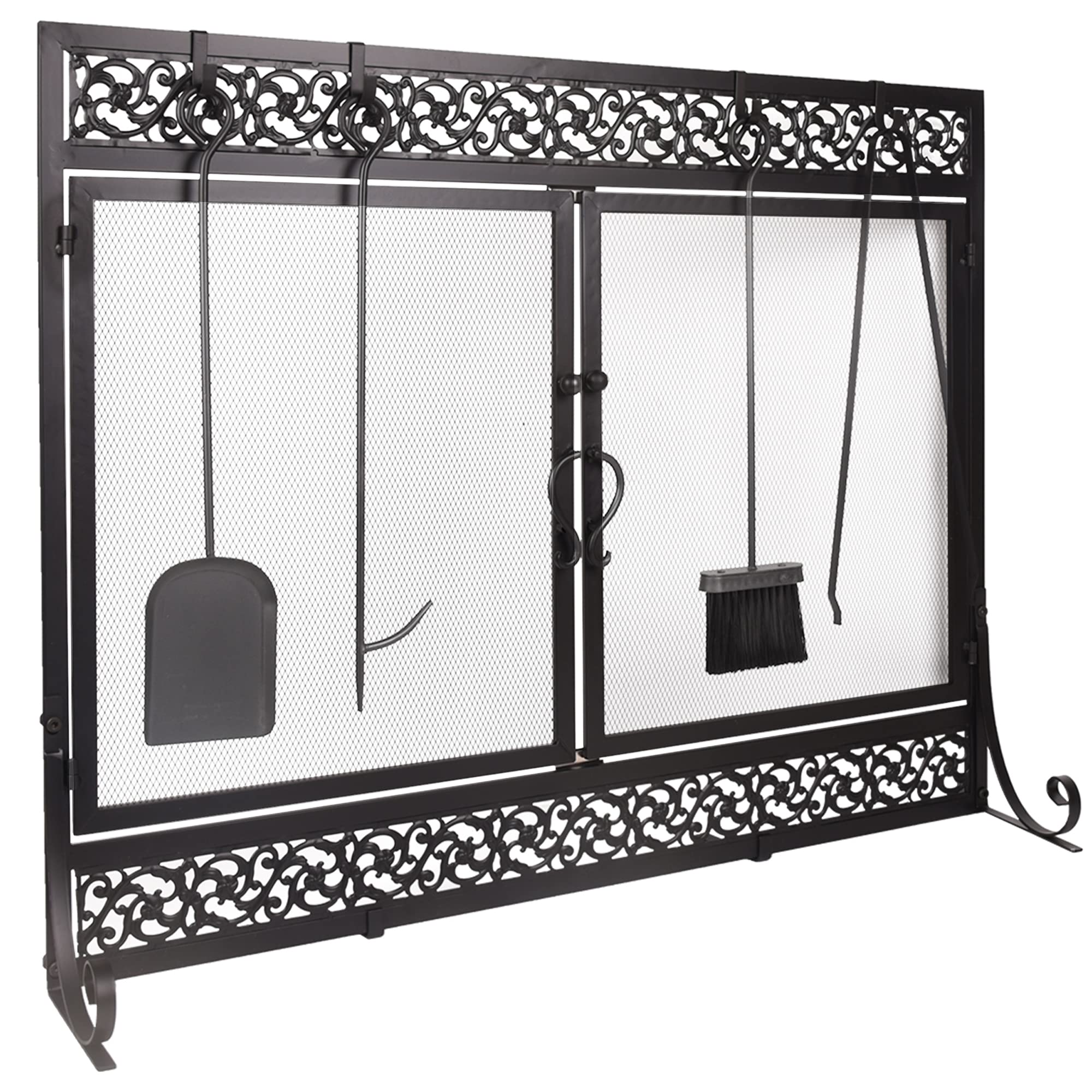 Metal Fireplace Screen Scrollwork Black, 39 x 31 Inch Fireplace Screen