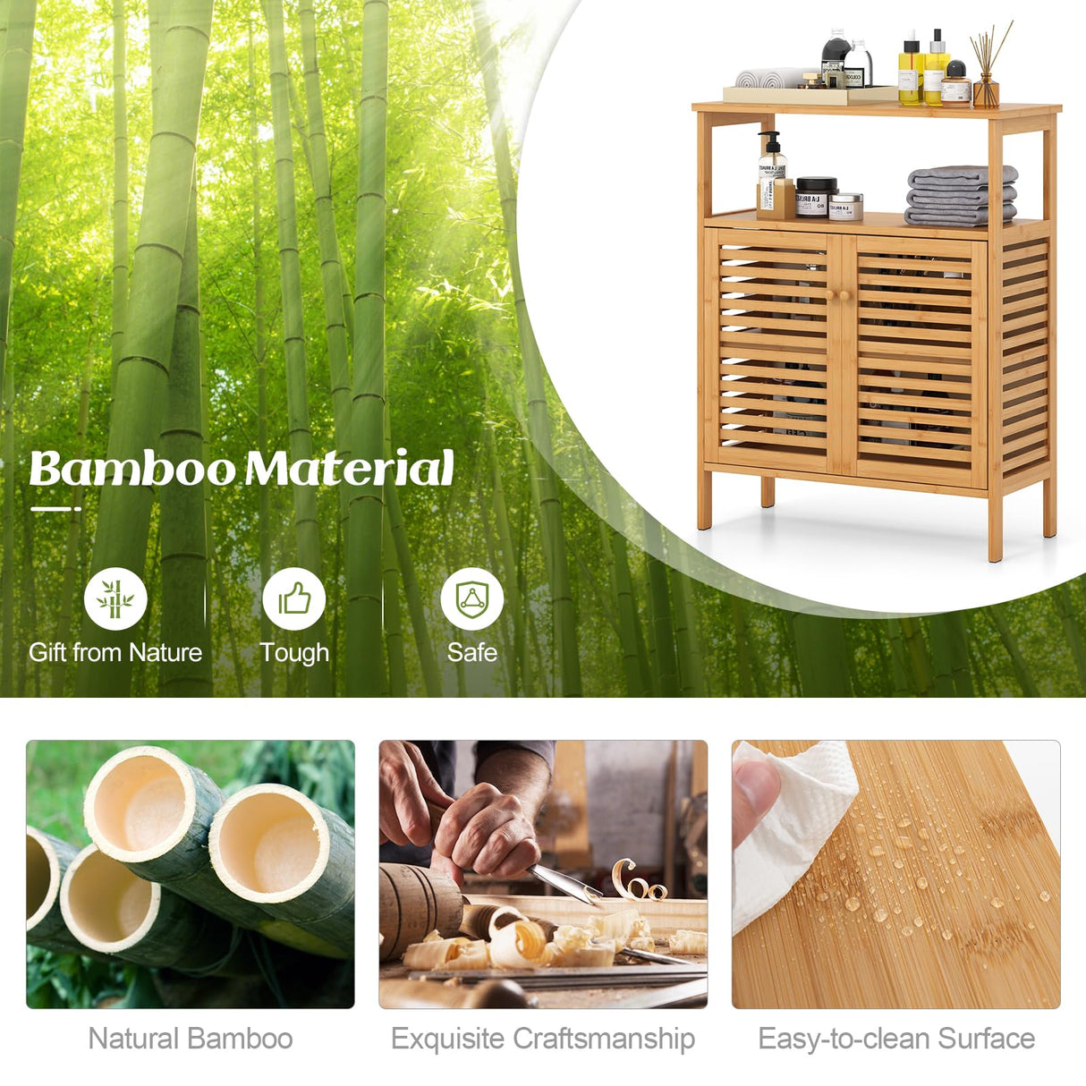 Bamboo Floor Cabinet, Bathroom Storage Cabinet with Double Slatted Doors, Open Shelf,