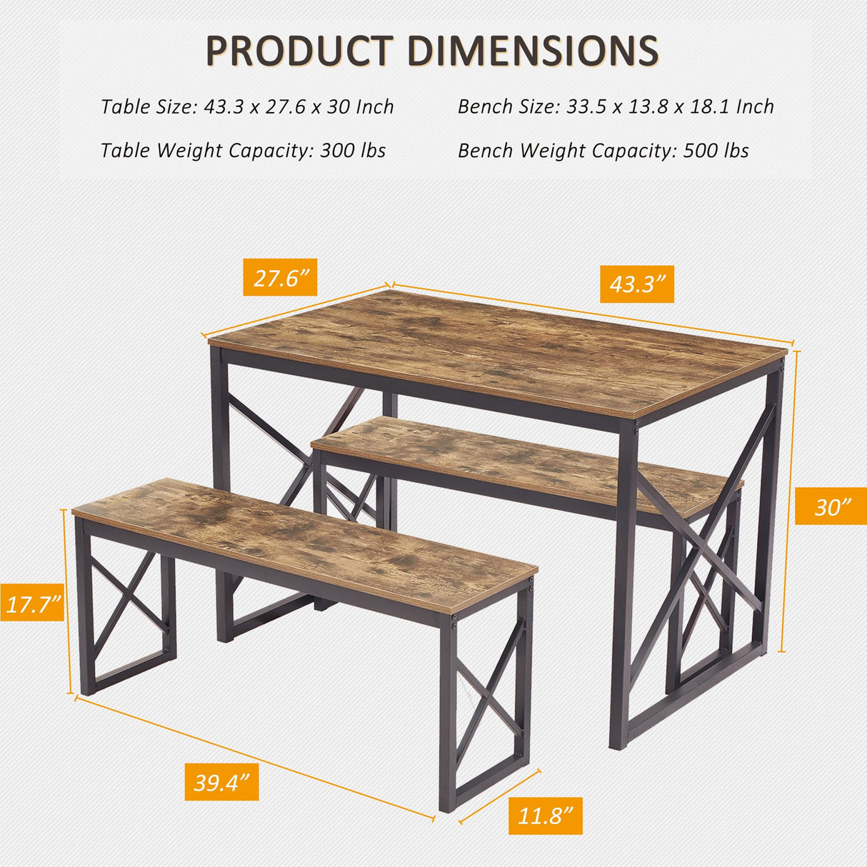 Kitchen Table with 2 Benches for 4, 43.3'' Wood Dining Room Dinette Sets