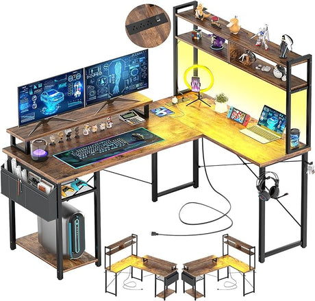 Small L Shaped Gaming Desk with LED Lights & Power Outlets, Reversible L-Shaped Computer