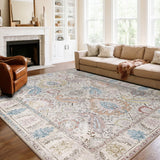 RELEANY Boho 5x7 Area Rugs Washable 5x7 Rug Low Pile Carpet Non-Shedding High Traffic Area Rugs for Living Room Bedroom Kitchen Dining Room Entrance Indoor-Cream/Multi