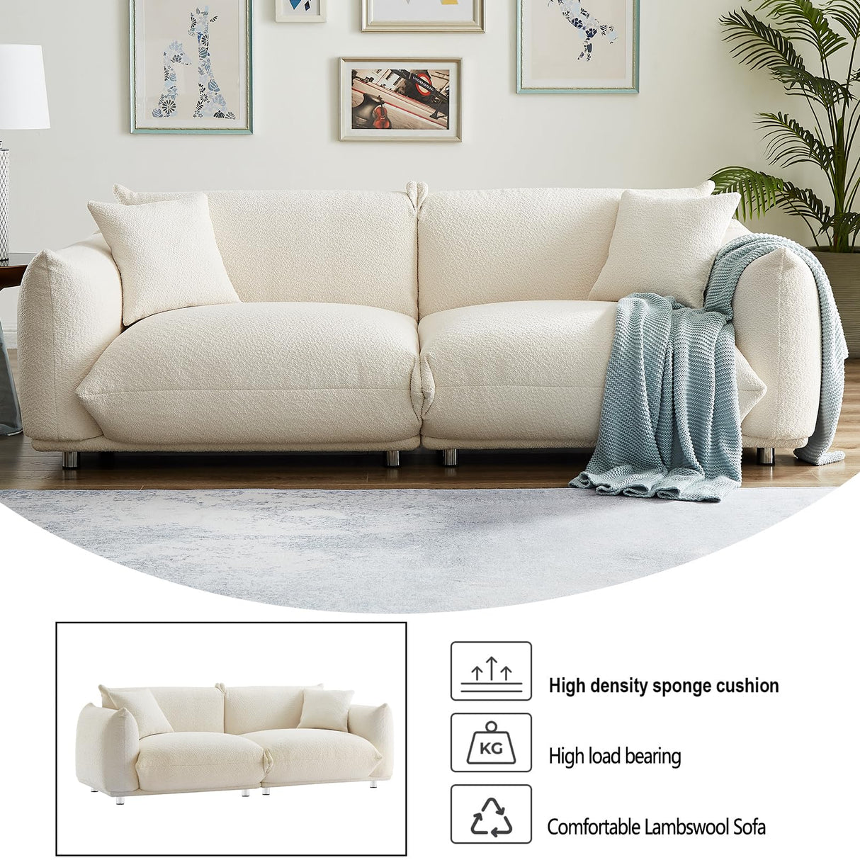 3 Seater Oversized Cloud Couch Loveseat Sofa with 2 Pillows