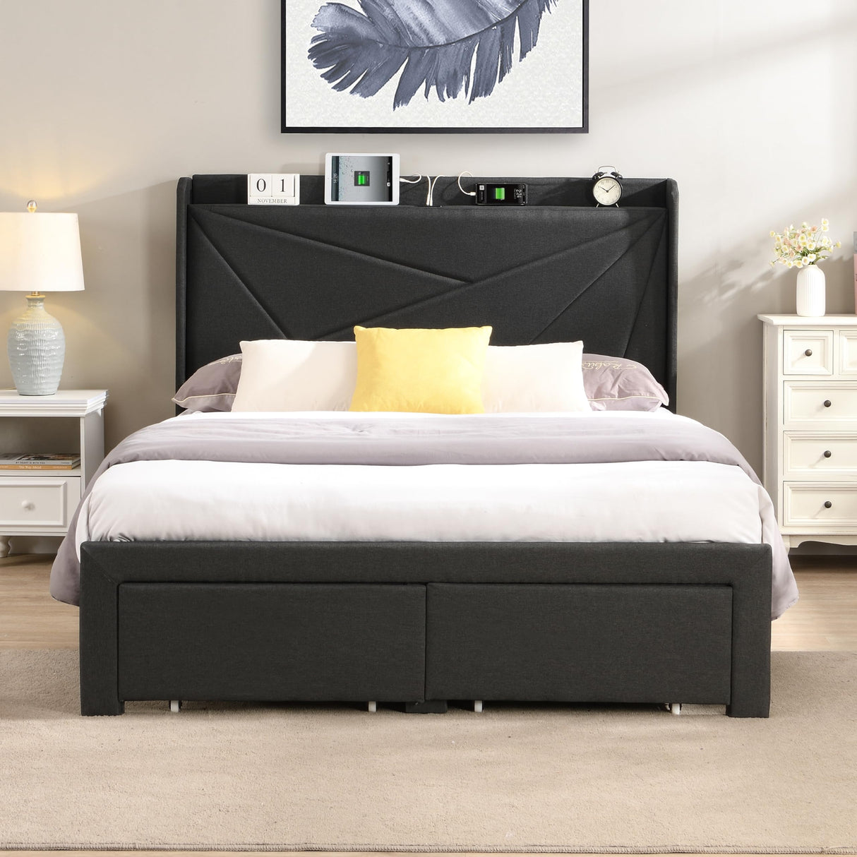 Full Size Bed Frame with 2 Storage Drawers, Upholstered Platform Bed Frame Full w/Wingback Headboard,