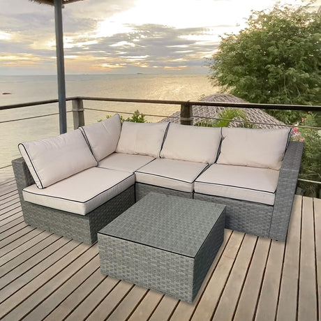 5 Piece 4 Seats Outdoor Patio Furniture Sets, Garden Conversation Wicker Sofa Set