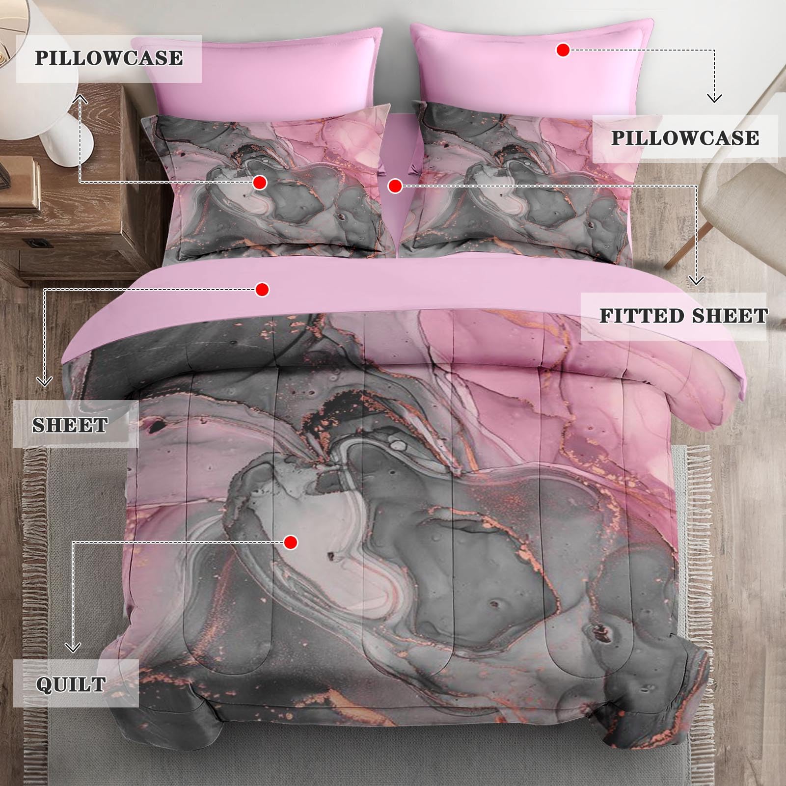 Gray Pink Marble Comforter Set Queen - 7 Piece Luxury Bedding