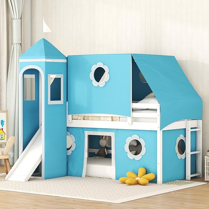 Twin Size Low Loft Bed with Slide for Kids Bedroom,Solid Wood Bedframe w/House Shaped
