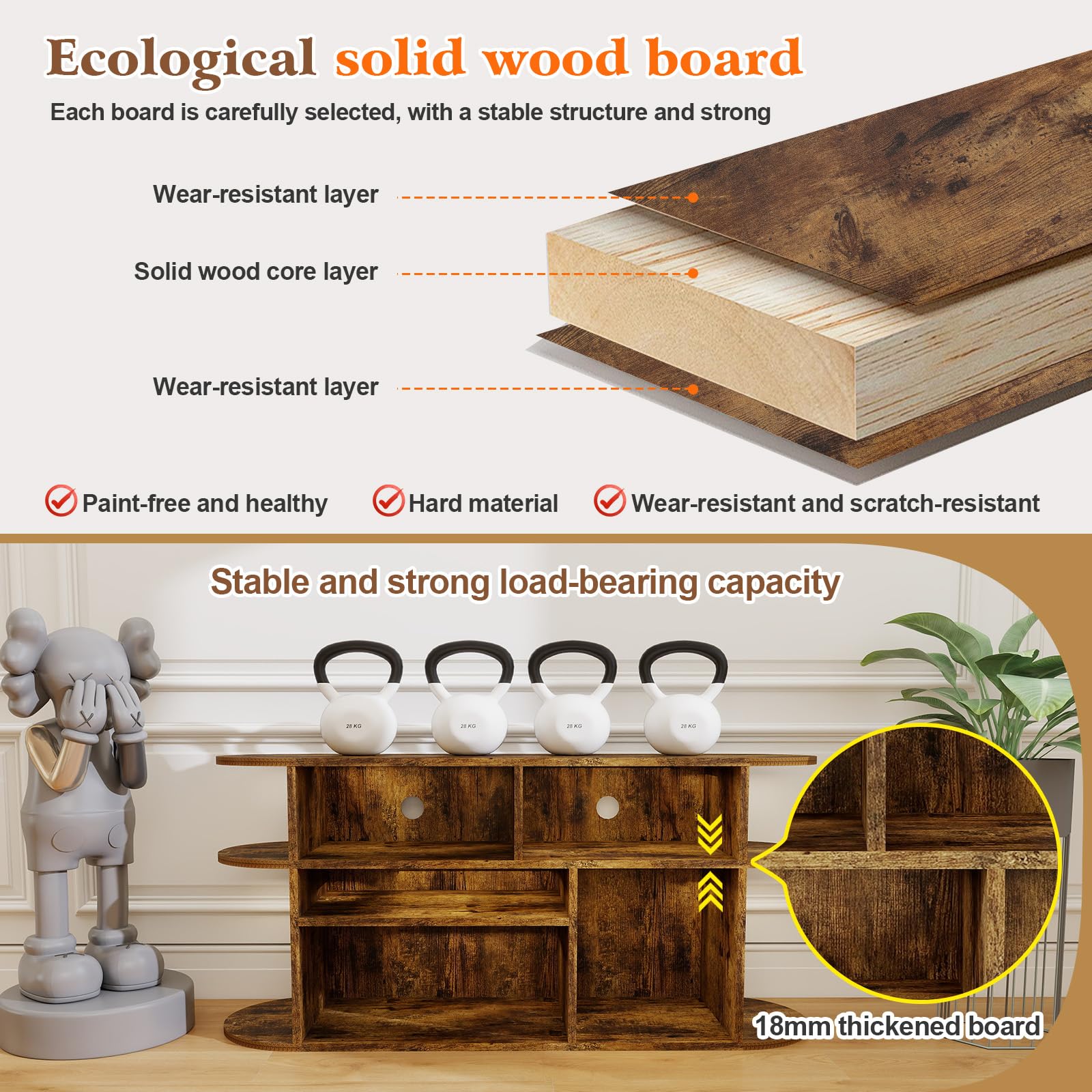 Solid Wood TV Stand with Storage and Adjustable Shelves