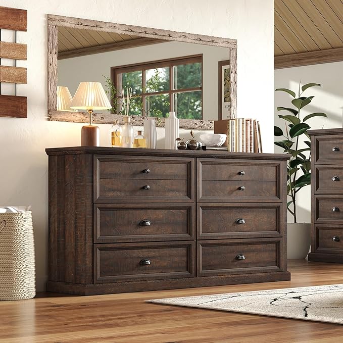 58”W Farmhouse 6 Drawer Dresser for Bedroom, Natural Wood Texture Chest Dresser