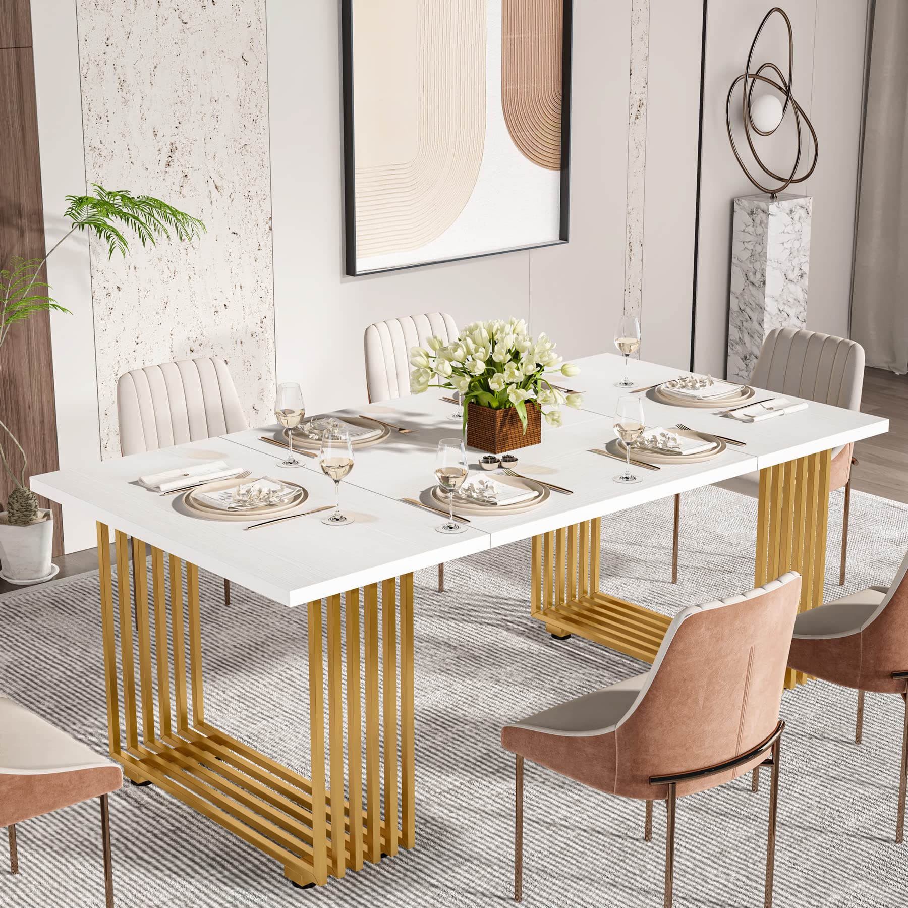 70.8" Modern Dining Table for 6-8 People - White Wood with Gold Metal Legs