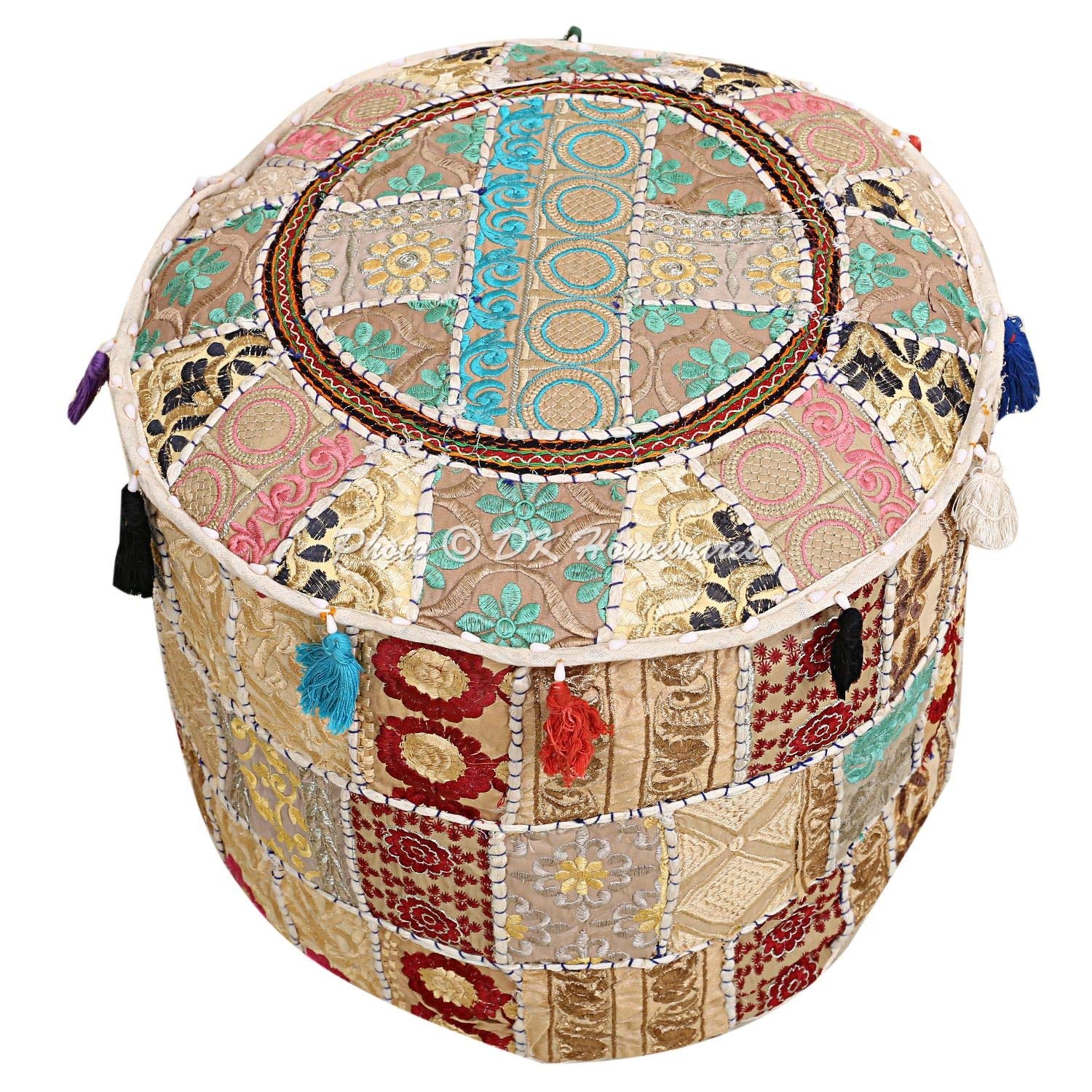Indian Vintage Patchwork Pouffe Foot Rest White Round Foot Stool Decorative Tuffet