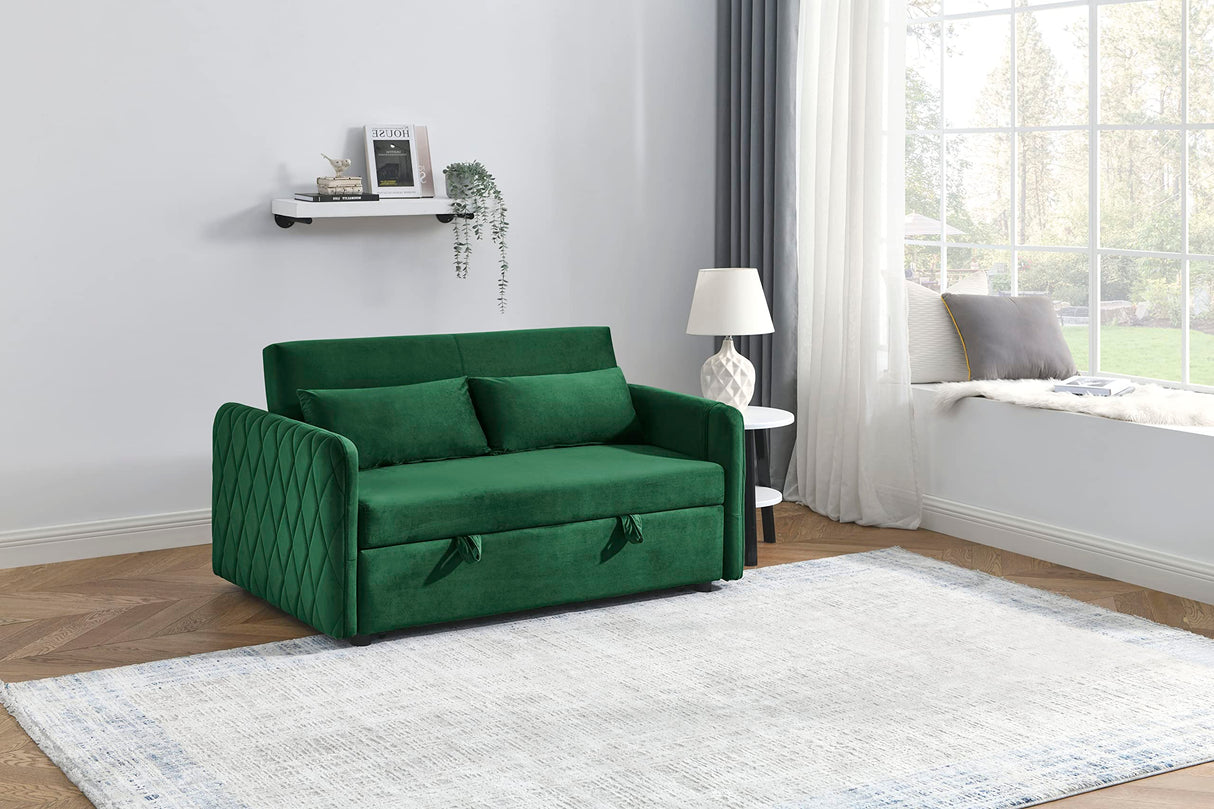 HomSof 55" Modern Convertible Sofa Bed with 2 Detachable Arm Pockets, Velvet Loveseat Sofa with Pull Out Bed, 2 Pillows and Living Room Adjustable Backrest, Grid Design Armrests, Green 4