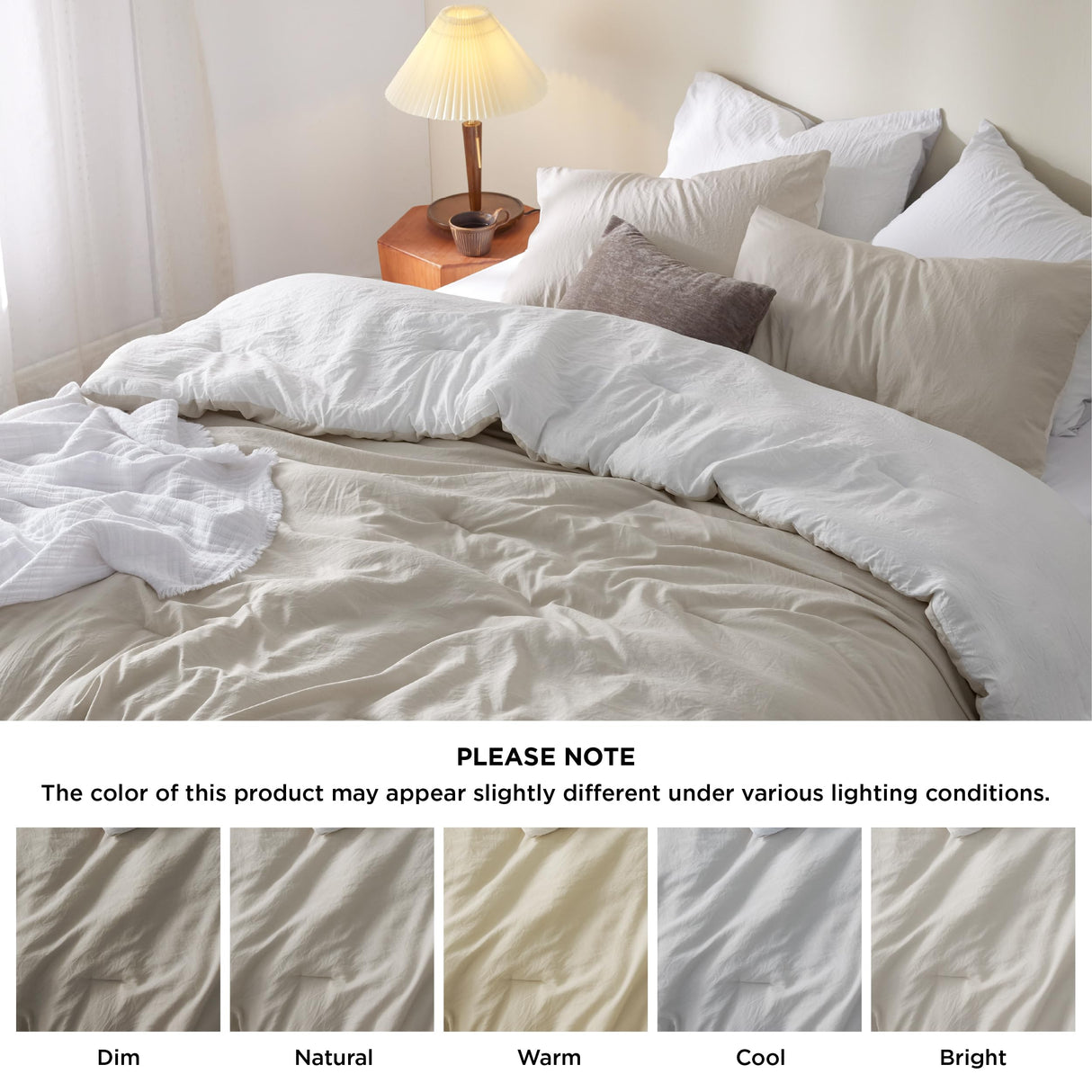 Bedding Comforter Sets Full, Reversible Beige and White Prewashed Bed Comforter