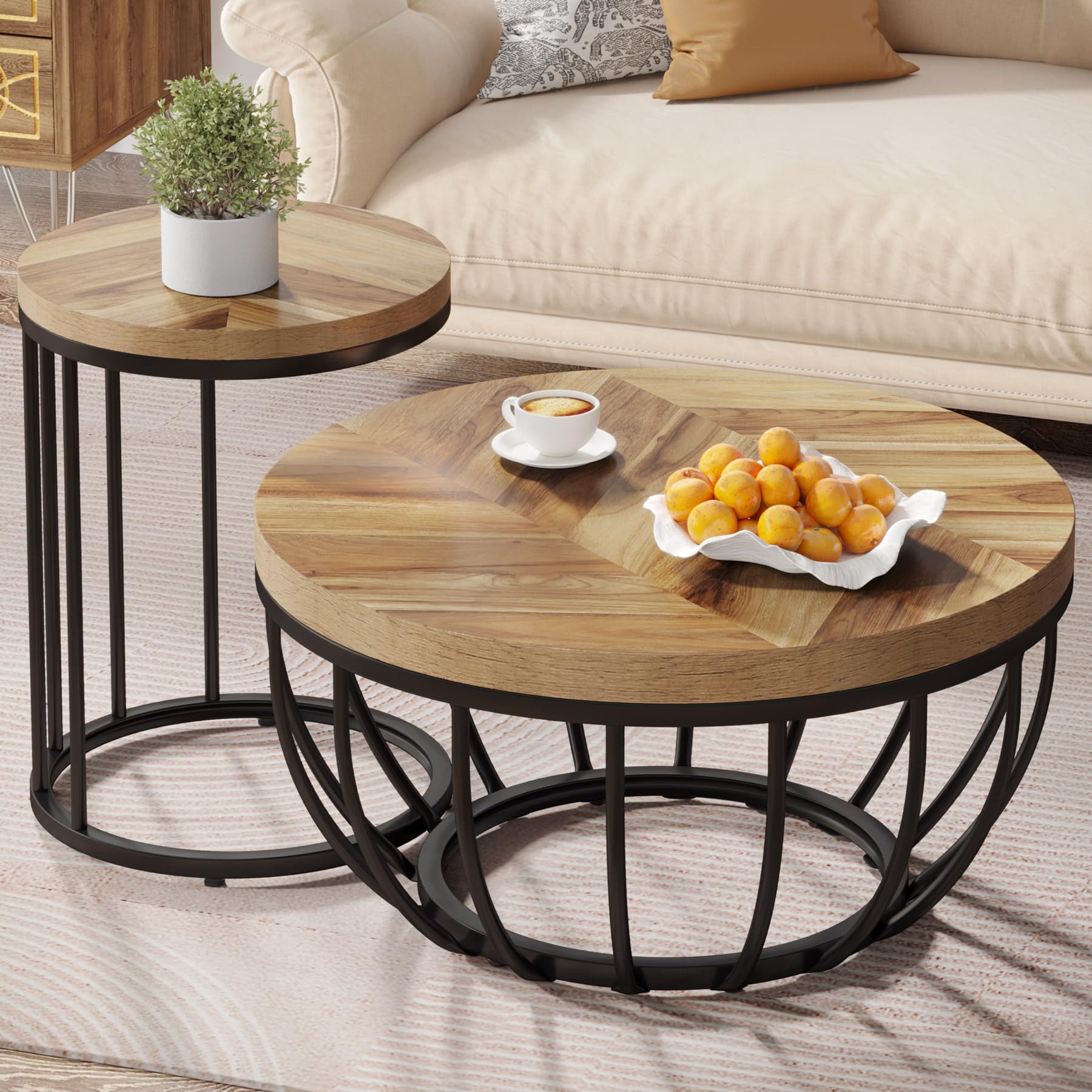 Round Coffee Table, 2 Pieces Nesting Tables with Metal Frame & Wooden Desktop
