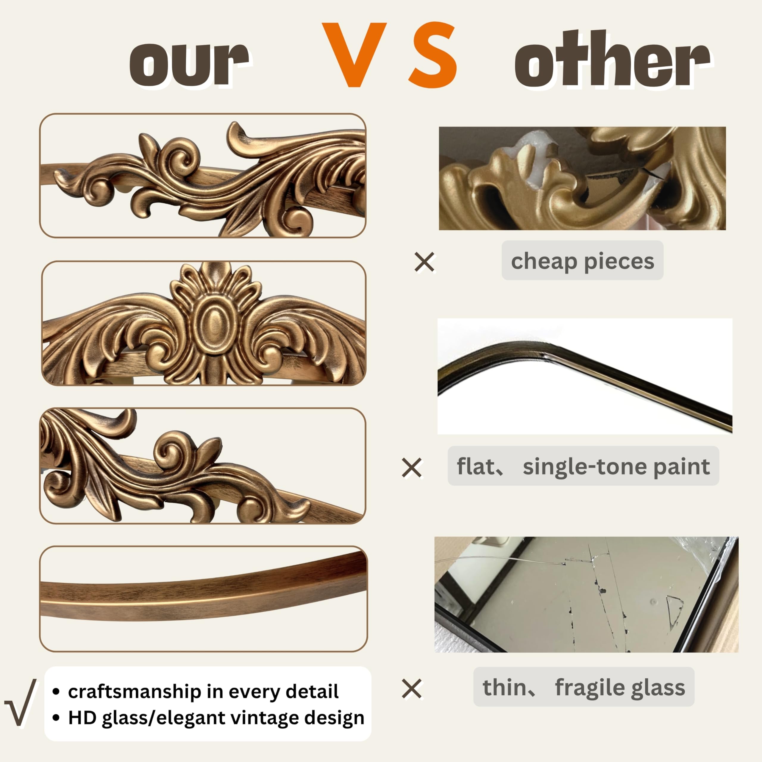 30" x 19" Vintage Arched Baroque Mirror - Gold Antique Wall Decor