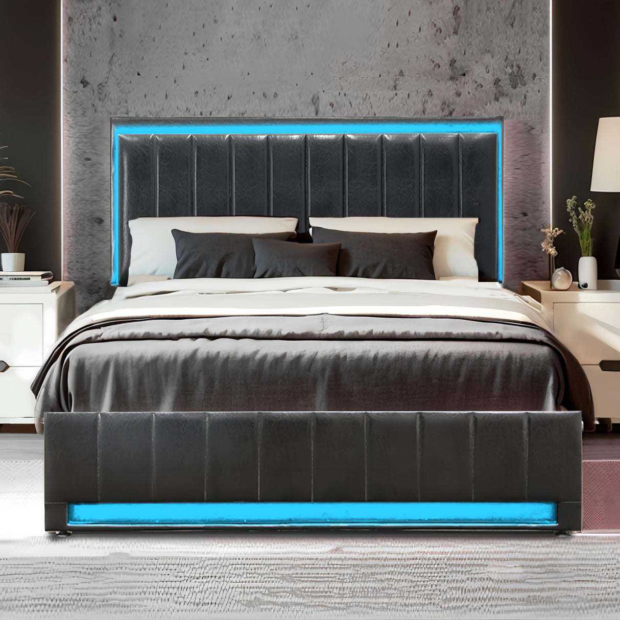 Full Size Bed Frame with Headboard, Platform Bed Frame with LED Lights&4 Storage