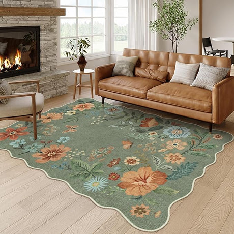 Floral Rugs for Living Room, 5x7 Area Rugs Ultra-Thin Soft Washable Rug, Non-Slip