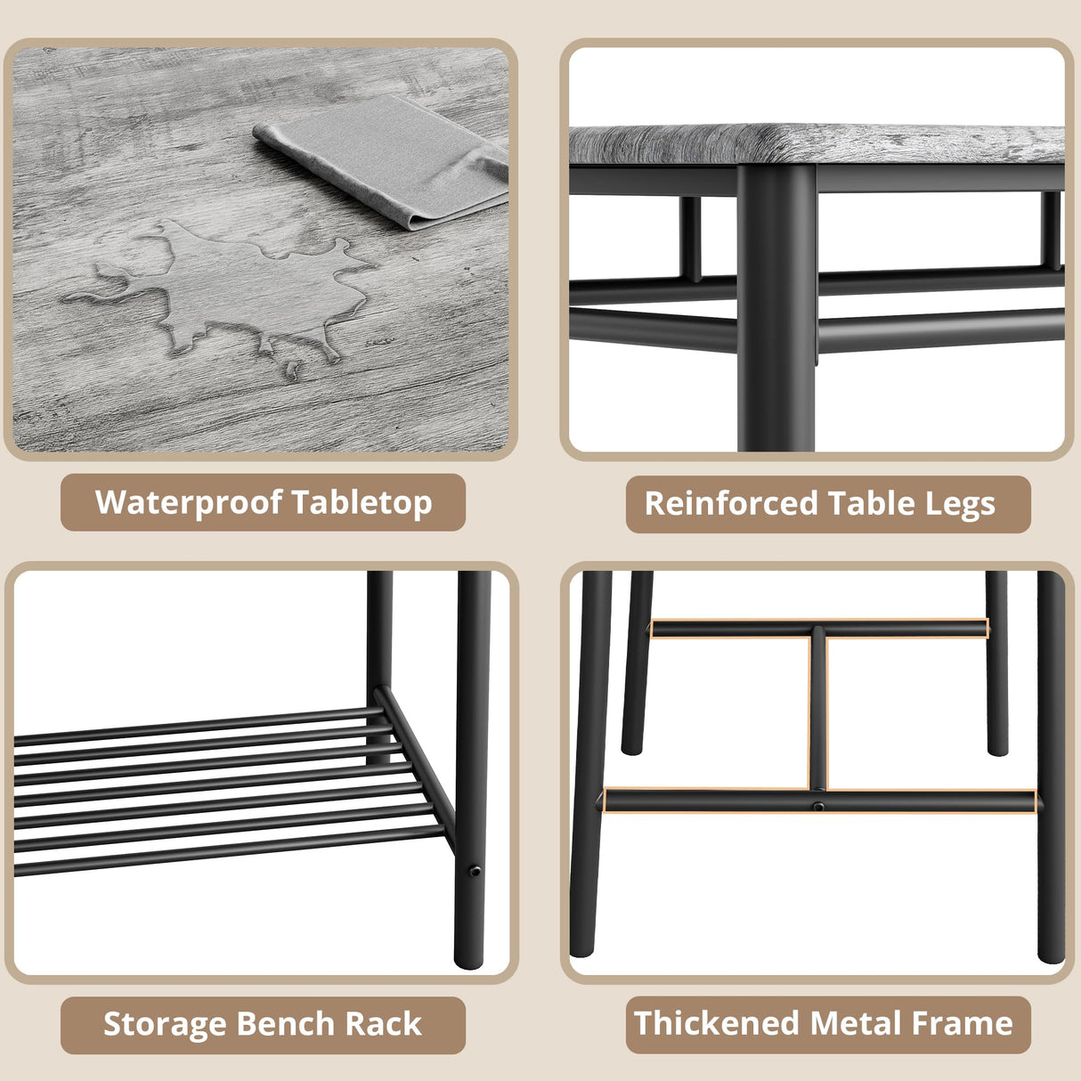 Table Set for 4, Kitchen Table with Upholstered Bench and 2 Chairs, Kitchen Table