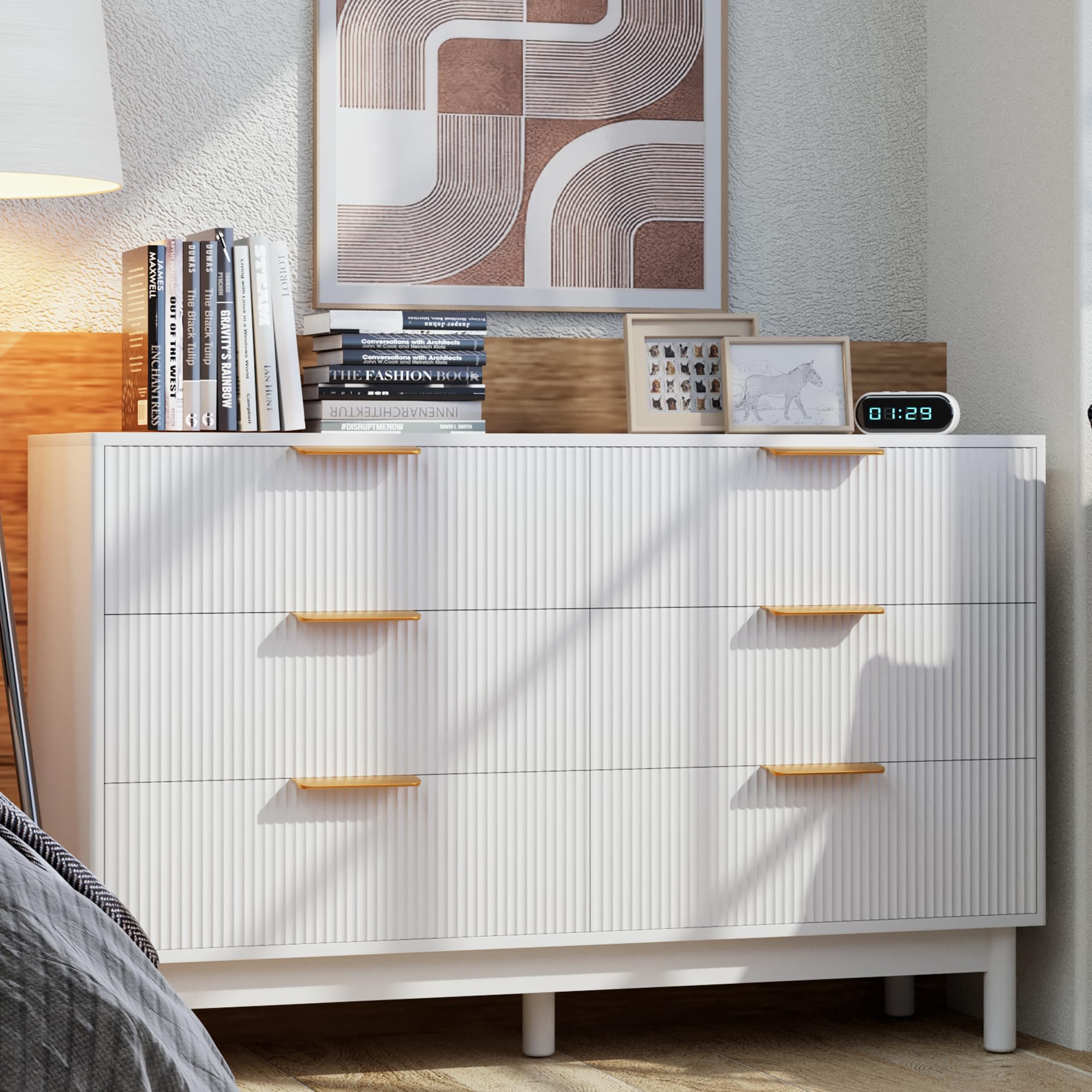 6 Drawer Dresser White Gold for Bedroom, White Wood Modern Double Dresser