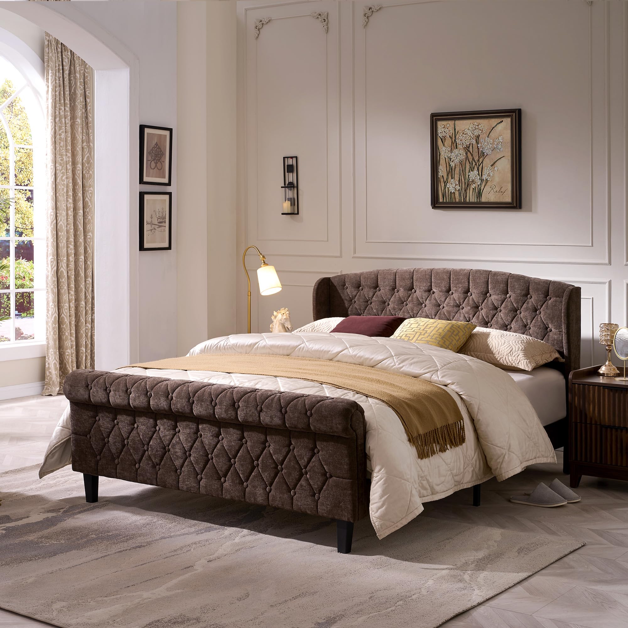 Queen Size Sleigh Bed Frame with Wingback Headboard