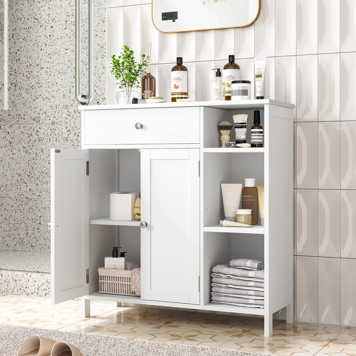 Freestanding Bathroom Cabinet with Doors, Bathroom Floor Cabinet with Drawer