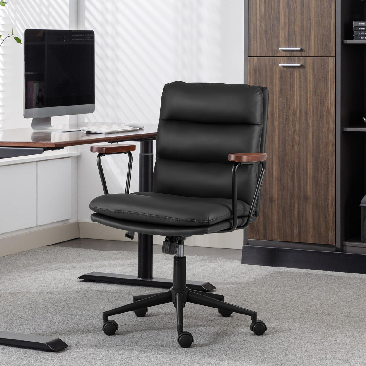 Leather Office Chair, Modern Desk Chair with Removable Wooden Armrests