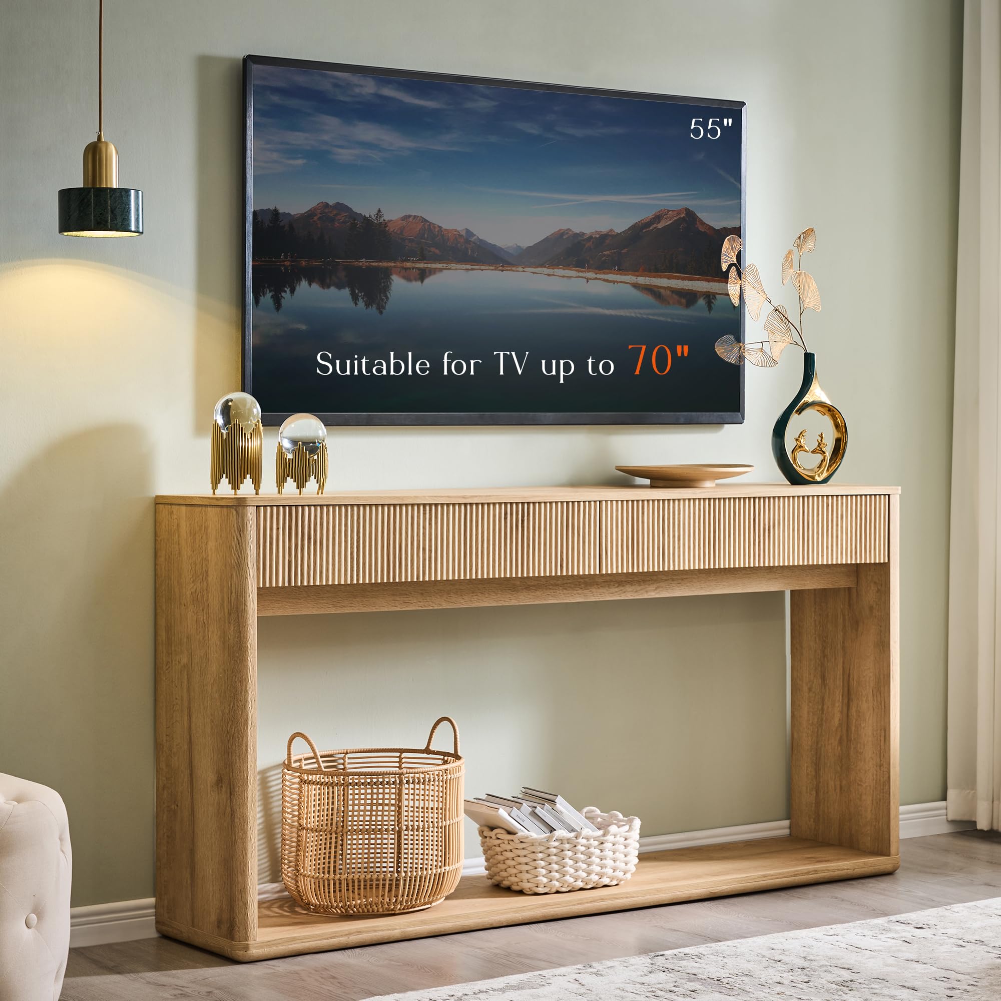 63" Fluted Console Table with 2 Drawers - Natural Oak