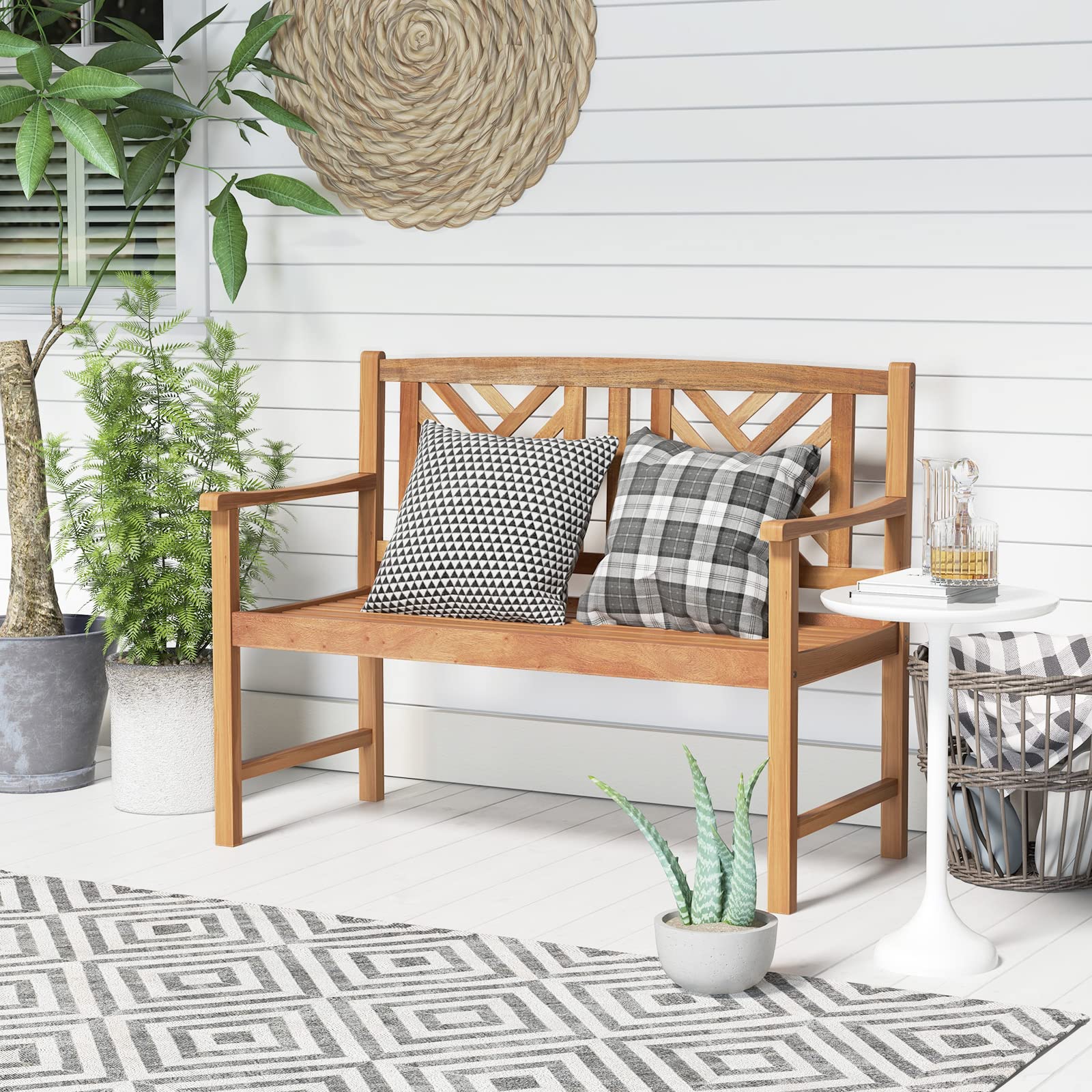 Patio Acacia Wood Bench, 2-Person Outdoor Loveseat Chair