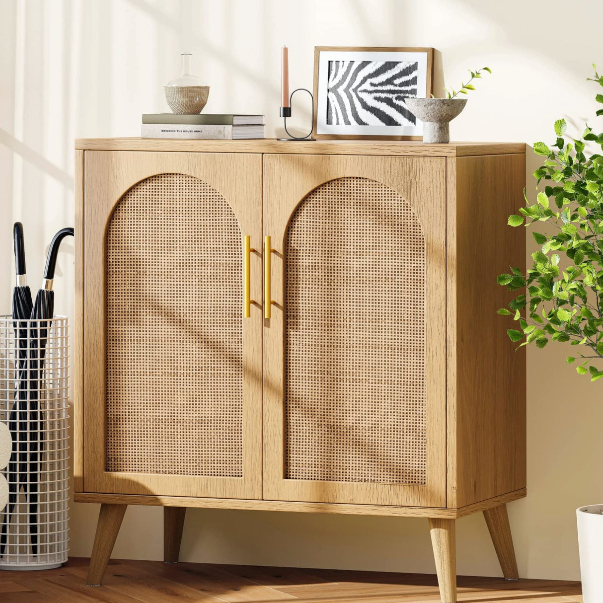 Rattan Storage Cabinet with Doors, Accent Bathroom Floor Cabinet, Modern Sideboard