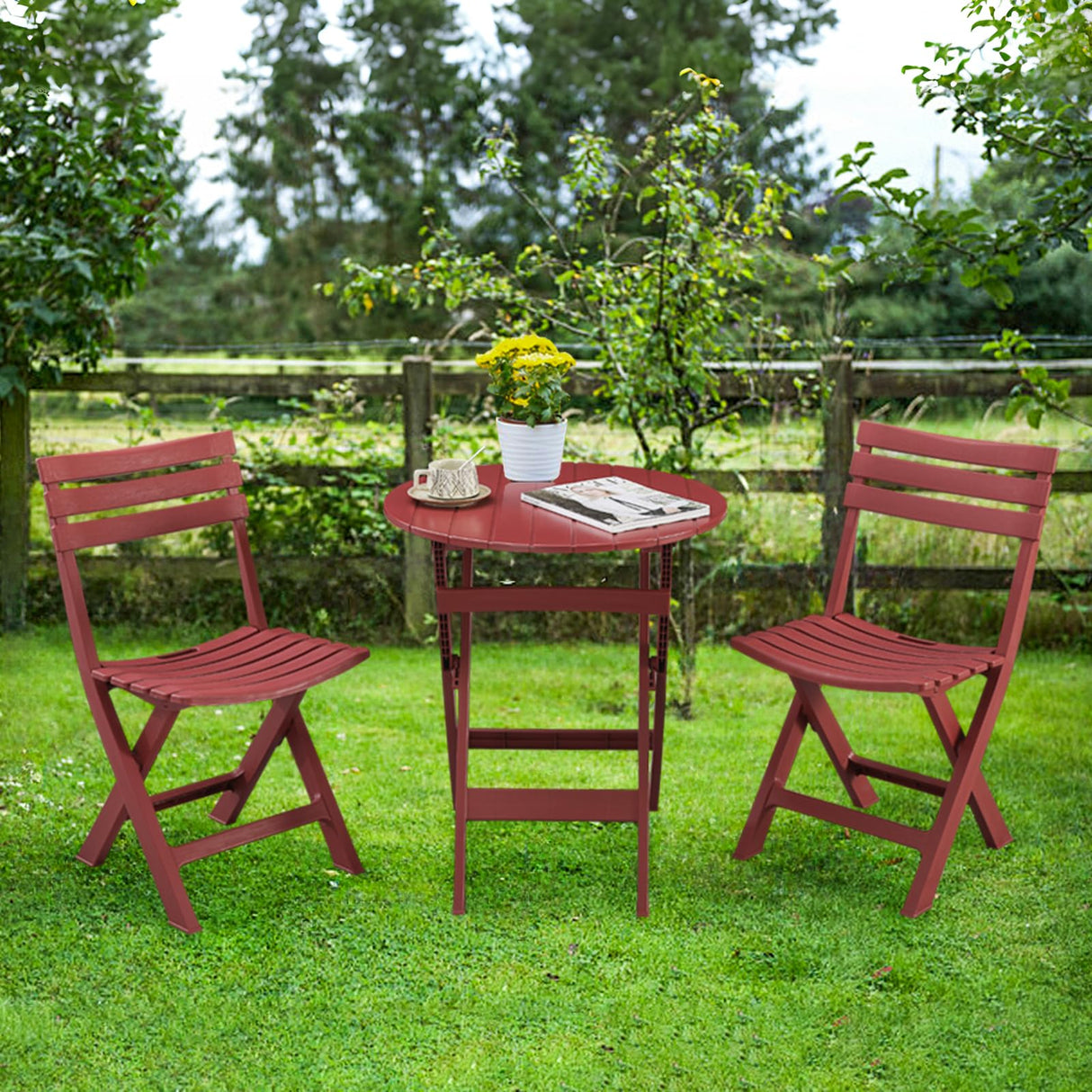 TAO ONE Patio Bistro Set, 3 Piece Plastic Folding Bistro Set, Portable Outdoor Patio Table and Chairs Set, Foldable Patio Furniture Set for Balcony, Porch, Backyard, Garden,Poolside (Red)