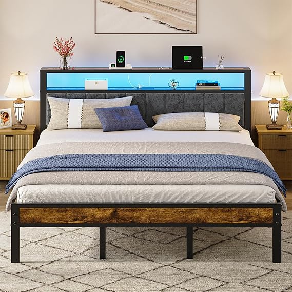 Full Platform Bed with LED Lights & Charging Station