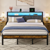 King Size Platform Bed Frame with LED Lights and Storage Shelves