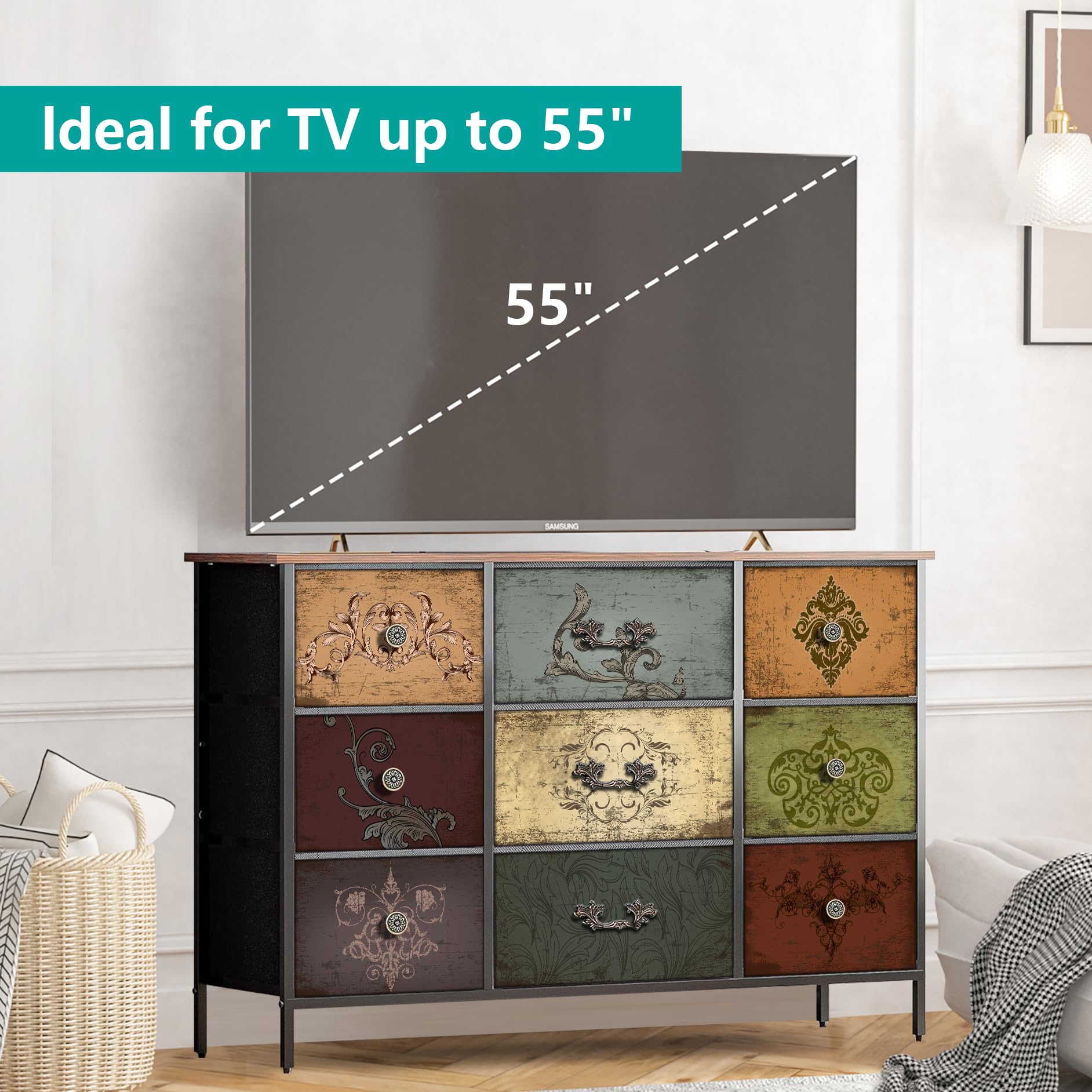 Dresser for Bedroom with 9 Deep Fabric Drawers, Wide TV Stand Storage Cabinet,
