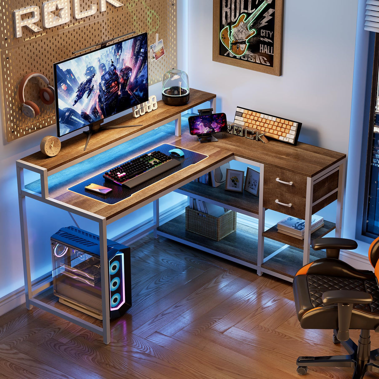 55-Inch L-Shaped Computer Desk, Reversible Computer Desk with Drawers