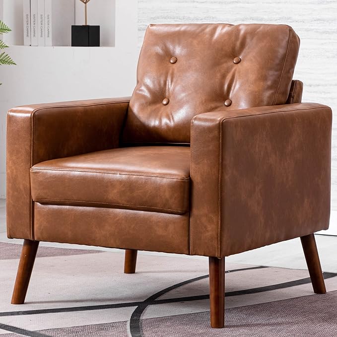 Tufted Accent Arm Chair with Wood Legs, PU Faux Leather Comfy Upholstered Single