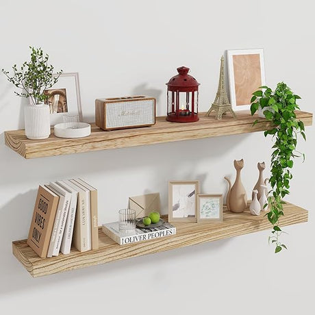 Rustic Wood Wall Shelves, Set of 2 Floating Display Shelves for Bathroom Bedroom