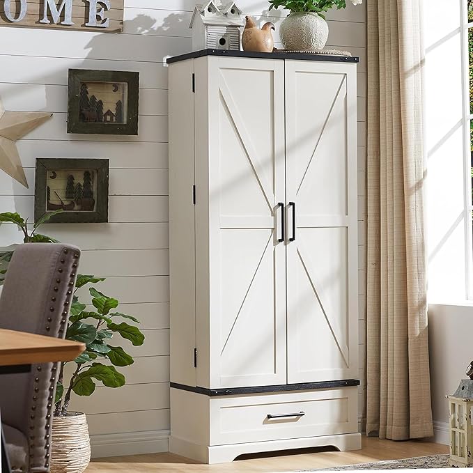 " Farmhouse Kitchen Pantry Cabinet with Drawer, Tall Storage Cabinet with 2 Barn Doors