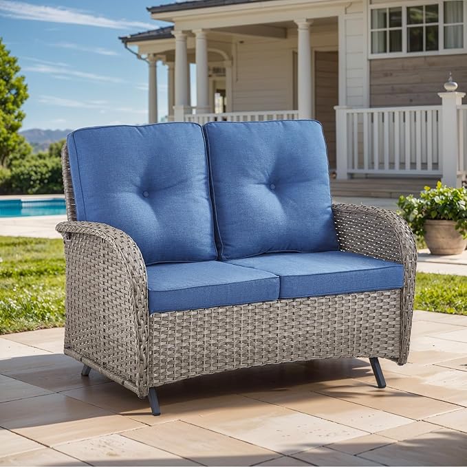 Outdoor Loveseat Sofa 2-Seat PE Wicker Outdoor Couch with Coffee Table