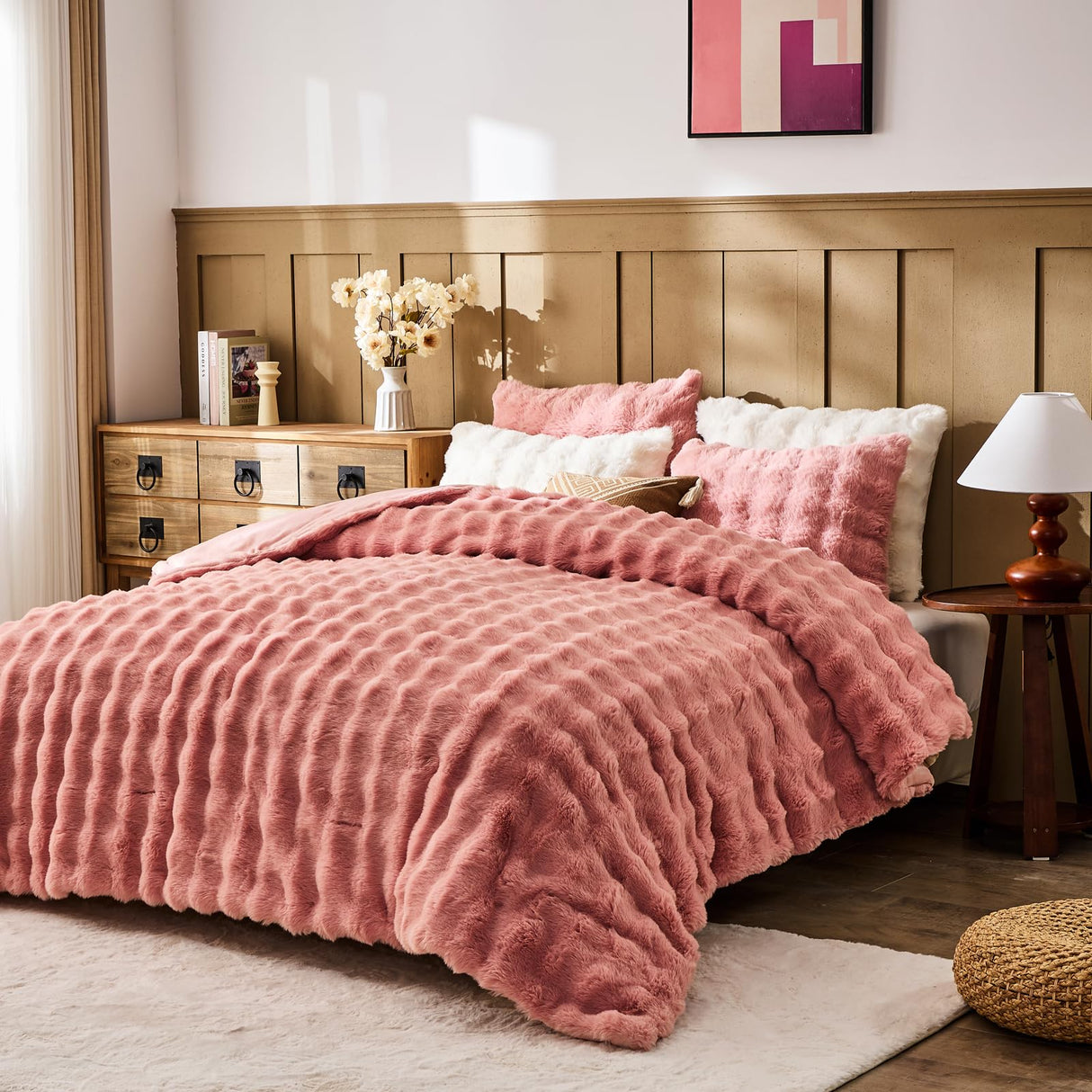 Faux Fur Queen Comforter Set – Pink Fluffy Comforter Queen Size, Big Bubble Faux Rabbit