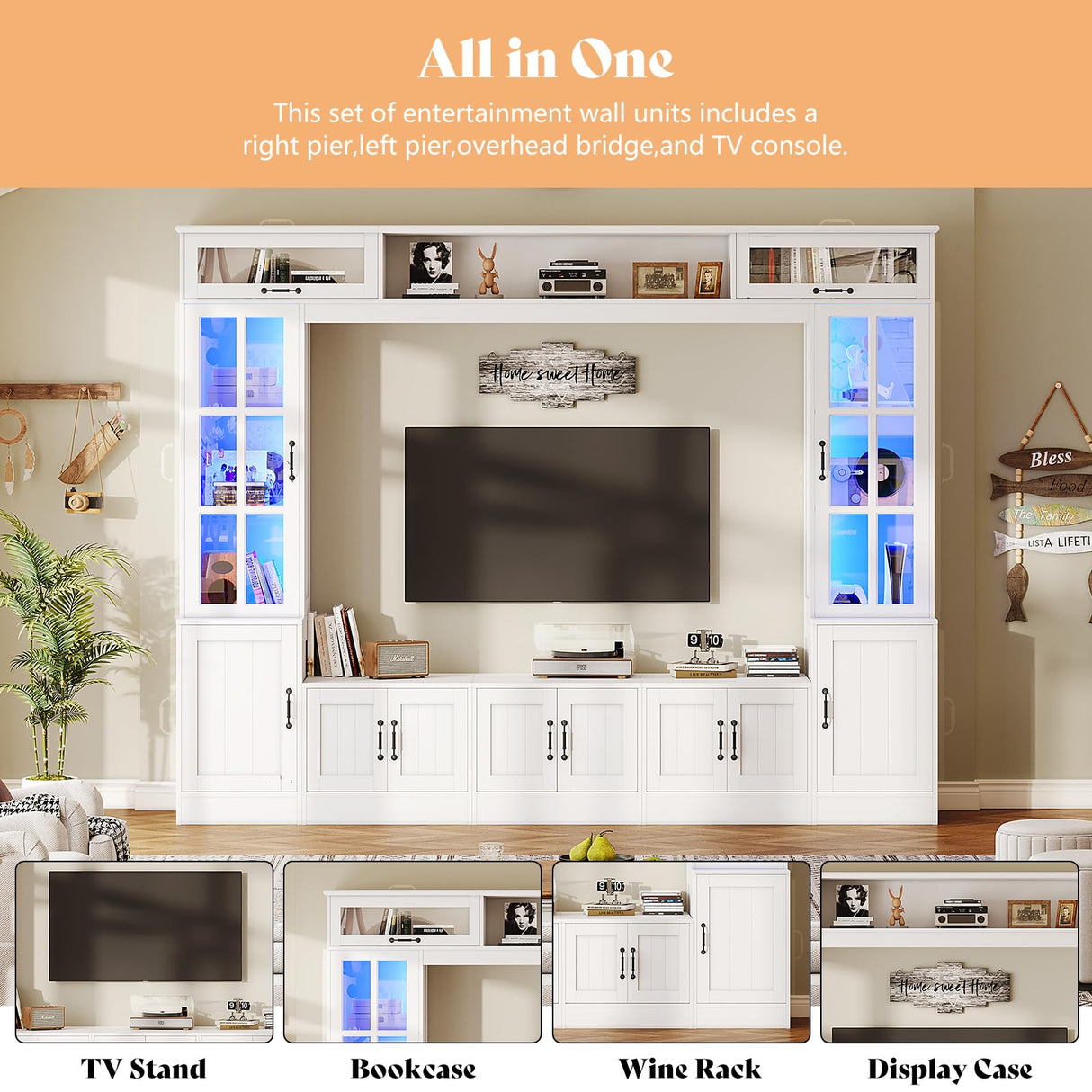 98" Wall Unit TV Stand with LED Lights for TVs up to 80"