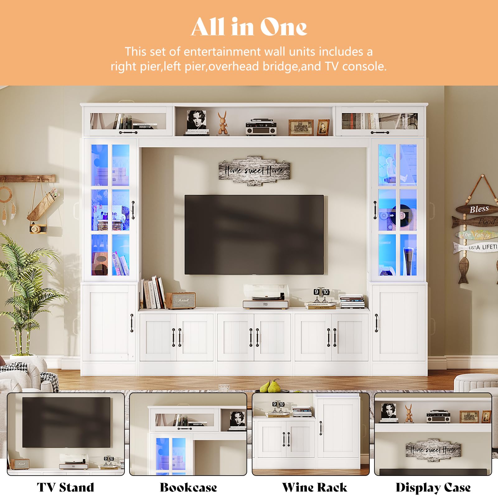 98" Wall Unit TV Stand with LED Lights for TVs up to 80"