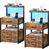 Nightstand with Charging Station and LED Lights, LED Night Stand with 2 USB Ports and 2 AC Outlets,